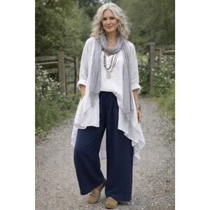 Eileen Fisher Lagenlook Navy 100% Linen Stretch Waist Wide Leg Crop Pants M